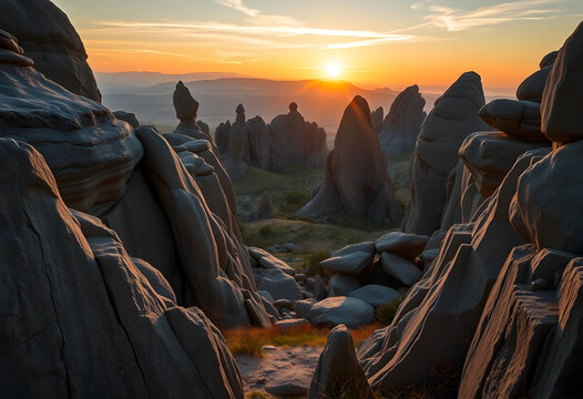 Sunset over zoomorphic rock formations in nature