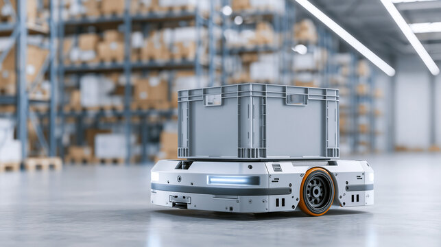 Close view of autonomous warehouse robot carrying gray tote