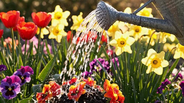 Gardening in spring with flowers blooming and watering plants