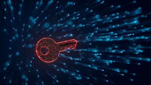 Glowing red digital key flying through blue data streams representing cybersecurity and network access