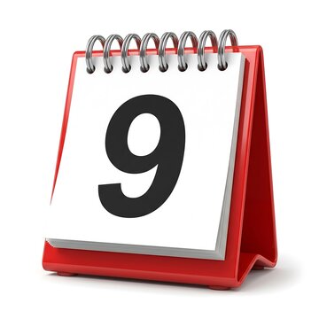 Calendar showing number 9 on red spiral desk stand 3d illustration style isolated on white background ideal for marketing campaigns