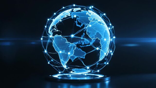 Digital globe shows connection points around the world with glowing lines and nodes