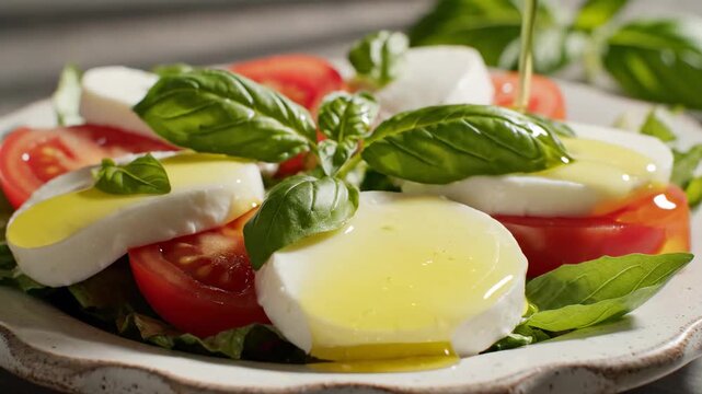 Preparing a simple salad with tomatoes, mozzarella, and fresh basil in a kitchen setting