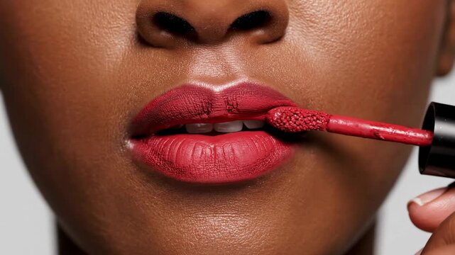 Applying red lip color with a lip applicator on a model for a beauty tutorial