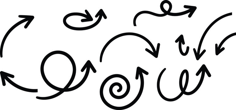 Hand Drawn Curved Loop Spiral Arrows Vector Black Flow Direction Icons Set
