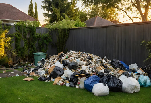 Large pile of garbage bags in backyard at golden hour