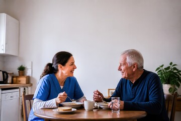 Fototapeta premium Caregiver and elderly man enjoying breakfast together in a cozy home setting, showcasing companionship and care.