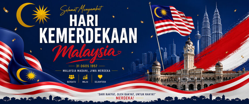Malaysia Independence Day Celebration Poster with Flag and Kuala Lumpur Landmarks