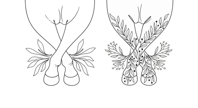 Minimalist line art vector showing two interlocking animal legs with hooves and botanical leaf elements; features a simple version and an ornate version with berries and foliage.