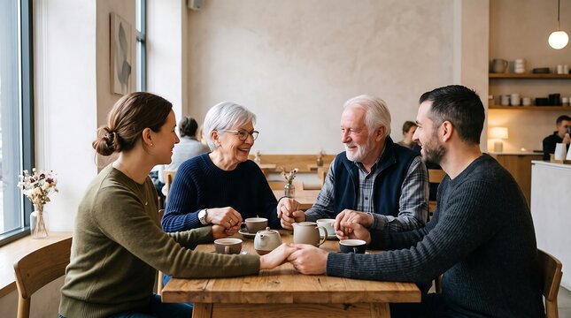 Adult children holding hands with elderly parents on Parents' Day in a cafe.