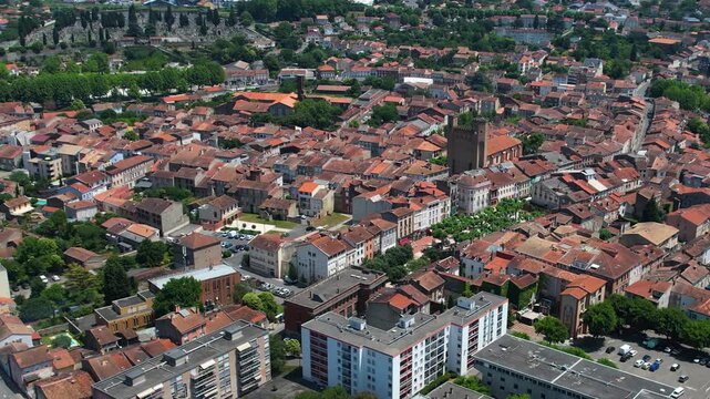Aerial view of the downtown above the city in Foix in France, on a sunny spring afternoon.
