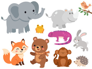 Fototapeta premium various cute friendly animals playful illustration safari jungle cute bear elephant tiger, lion graphic childcare