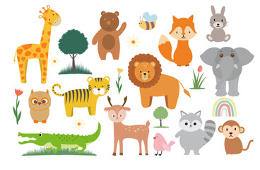 Fototapeta premium various cute friendly animals playful illustration safari jungle cute bear elephant tiger, lion graphic childcare