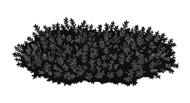 Solid black silhouette of dense moss cluster or low-lying foliage featuring detailed white leaf outlines, isolated on white for graphic design and nature-themed layouts.