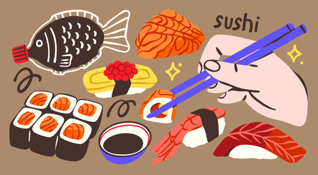 Delicious Sushi set. Red fish Maki rolls, Tamago, shrimp, tuna sushi, salmon Sashimi, chopsticks, soy sauce. Japan traditional food. Hand drawn trendy Vector illustration. Isolated design elements