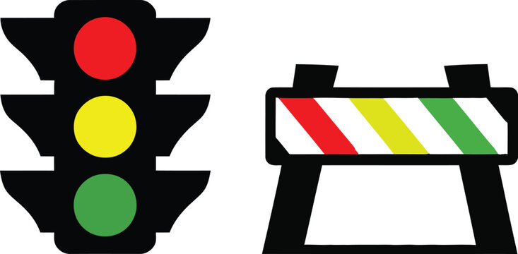 Traffic light and road construction barrier vector elements set with colorful red yellow green signal and warning roadblock illustration.