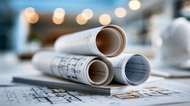 Rolled architectural blueprints resting on detailed floor plans showcasing building design in a bright, blurred workspace environment.