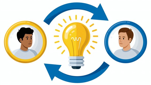 Two men in circular frames connected by arrows and glowing lightbulb, vector illustration of idea exchange and collaboration.