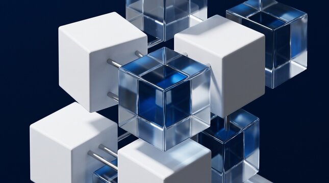 Macro photography of abstract 3D data analytics and business blockchain crystal cubes background texture