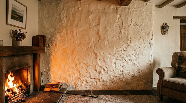 Cozy Rustic Living Room with Fireplace and Textured Plaster Wall