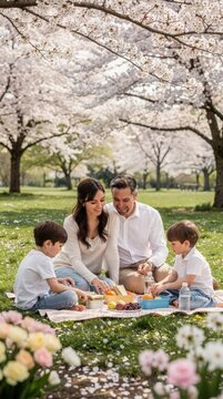 Happy Family Enjoying a Picnic Under Blooming Cherry Blossoms in a Sunlit Park, Warm Spring Atmosphere, Children Laughing and Playing, Soft Pastel Colors, Capturing Joyful Family Bonding