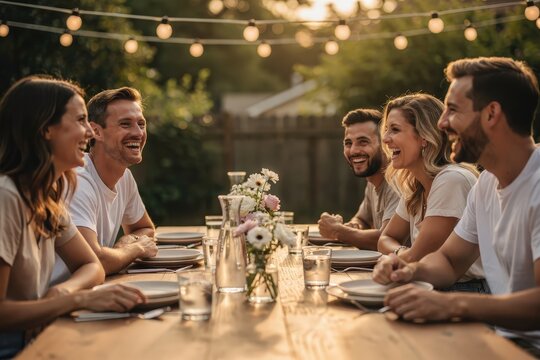 Joyful Group of Friends Sharing Laughter at Outdoor Dinner Party in Sunlit Garden, Warm Evening Glow, String Lights Overhead, Natural Wood Table Setting, Capturing Friendship and Togetherness
