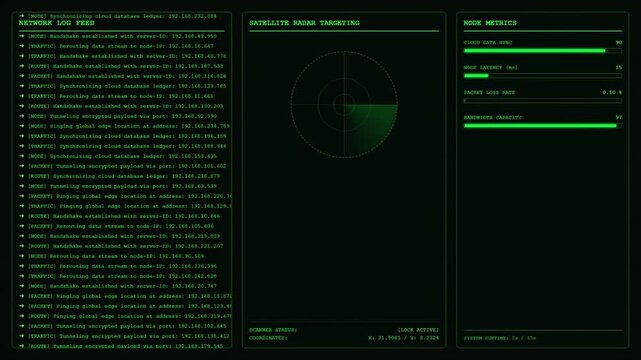 Futuristic green cyber hacker terminal interface with satellite radar and network logs.