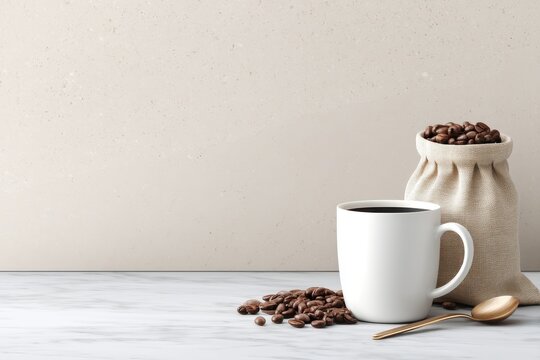 Minimalist coffee scene with a white ceramic mug filled with black coffee a burlap sack overflowing with coffee beans and a golden spoon on a marble surface against a plain light background
