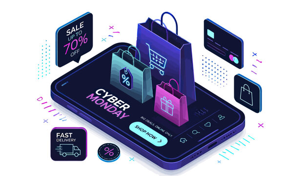 Isometric Cyber Monday sale mobile phone app with shopping bag icons