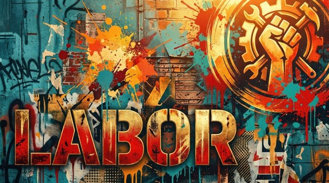 Labor Word Art with Vibrant Paint Splashes and Textures on a Rustic Wall Background Featuring Design, Typography, Graffiti