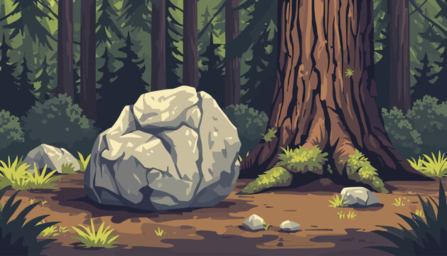 Large grey boulders on a dirt forest path with pine trees in the background