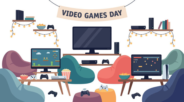 Vector illustration celebrating video games day with diverse people enjoying online gaming