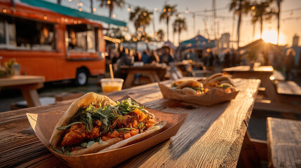 Fototapeta premium Delicious fish taco with fresh vegetables served on outdoor wooden table at sunset
