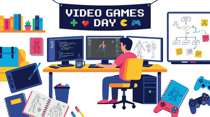 Naklejka premium Young Man Playing Video Games on a Sofa for a Relaxing Day Vector Illustration