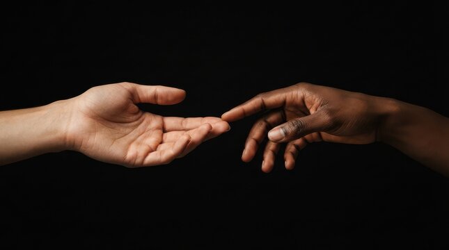 Two hands of different skin tones reaching towards each other