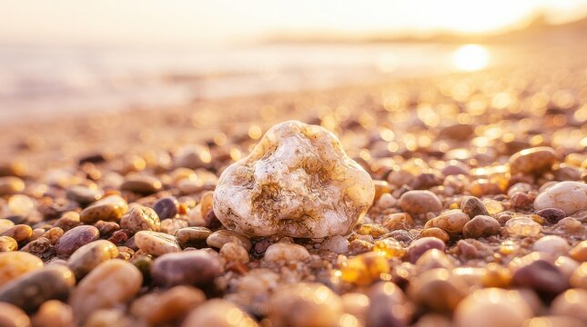 A single textured white stone on a pebble beach at sunset