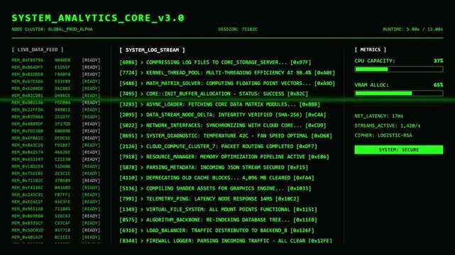 Futuristic green cyber security terminal dashboard showing system analytics and live network data log stream.