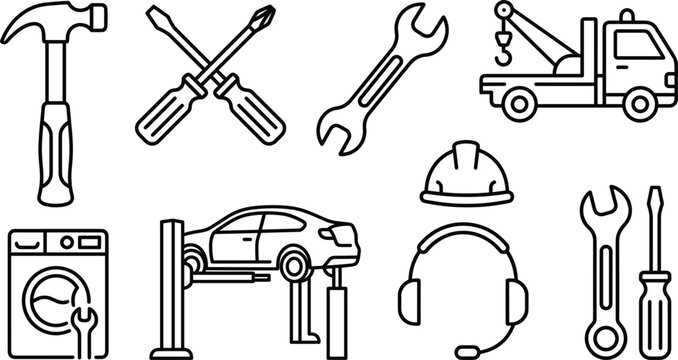 Car repair and maintenance line icon set featuring hammer screwdrivers wrench tow truck lift car helmet and headset