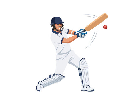 Professional cricket player wearing protective gear and a blue helmet swings a wooden bat to hit a red ball during a competitive match isolated as a flat vector on transparent background.