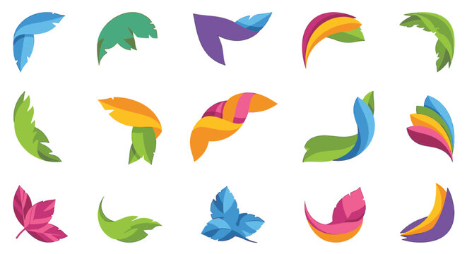 Set of fifteen vibrant gradient stylized leaf and feather icons for graphic design, featuring modern curved shapes and corner border decorative vector elements on white background.