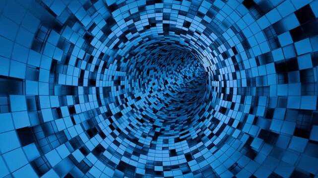 Blue infinite tunnel background with square tiles forming geometric structure and deep perspective. Detailed animation of abstract corridor for science and technology presentations. Looped 4K 60fps