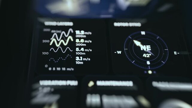 Wind speed data at different heights alongside a wind direction compass