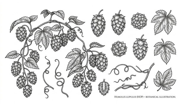 Vintage hand drawn sketch hop cones and leaves branch humulus lupulus botanical illustration vector collection design set