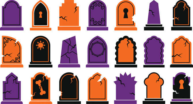 Halloween tombstones and grave markers in purple orange and black