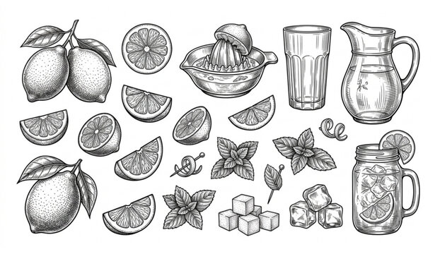Detailed line art engraving design of refreshing summer drinks cocktail ingredients ice cubes and squeezer for restaurant menu