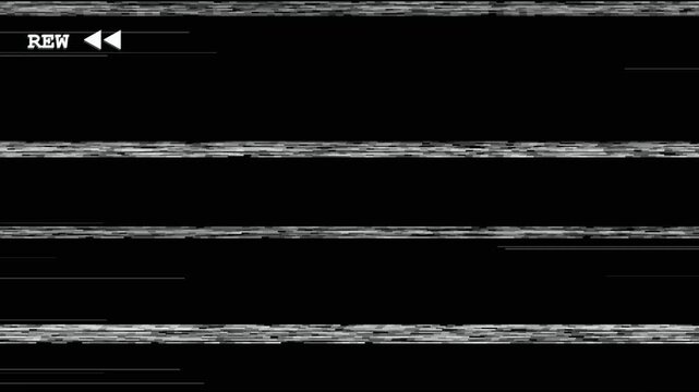 VHS rewind screen overlay with retro static noise distortion and analog tracking glitch lines on black background