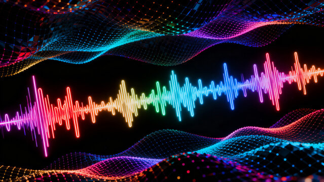 Pulsing neon soundwaves visualized in a 3D space, reactive audio visualizer aesthetic, vibrant spectrum colors, pitch-black background, energetic composition