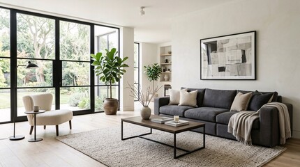 Fototapeta premium Bright minimalist living room interior design featuring a dark charcoal sofa and large floor-to-ceiling garden window.