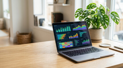 Fototapeta premium Laptop desk chart graph workspace plant modern home office technology analysis. laptop displaying colorful charts and graphs sits wooden desk