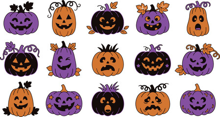 Naklejka premium Halloween jack o' lanterns colorful pumpkin faces vector illustration for autumn celebrations